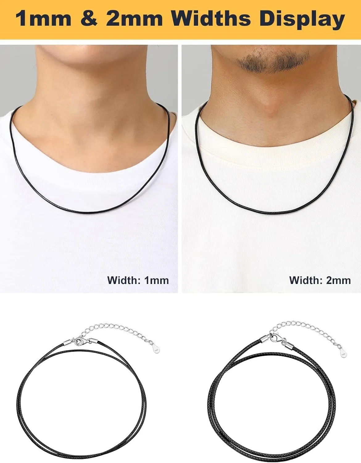 U7 1MM/2MM Black Leather Necklace for Women Men, Leather Cord Necklace with 925 Sterling Silver Clasp, 16-28 Inches