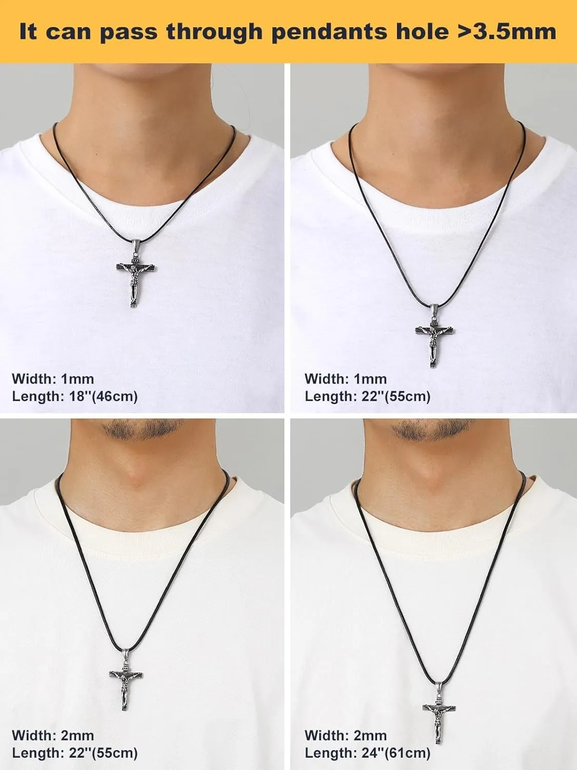 U7 1MM/2MM Black Leather Necklace for Women Men, Leather Cord Necklace with 925 Sterling Silver Clasp, 16-28 Inches