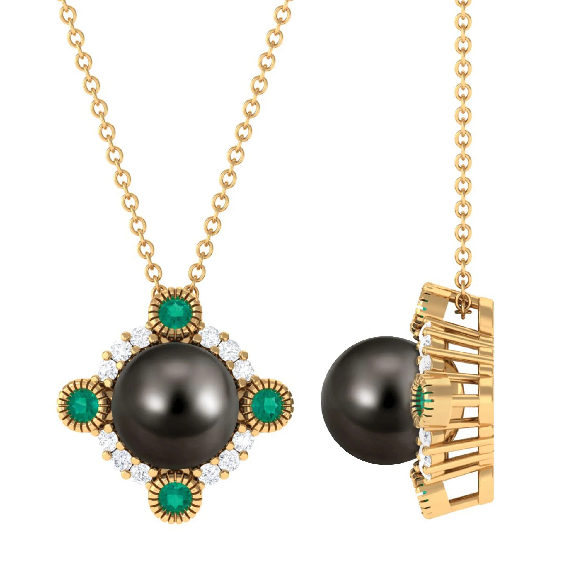 Vintage Inspired Tahitian Pearl Pendant with Emerald