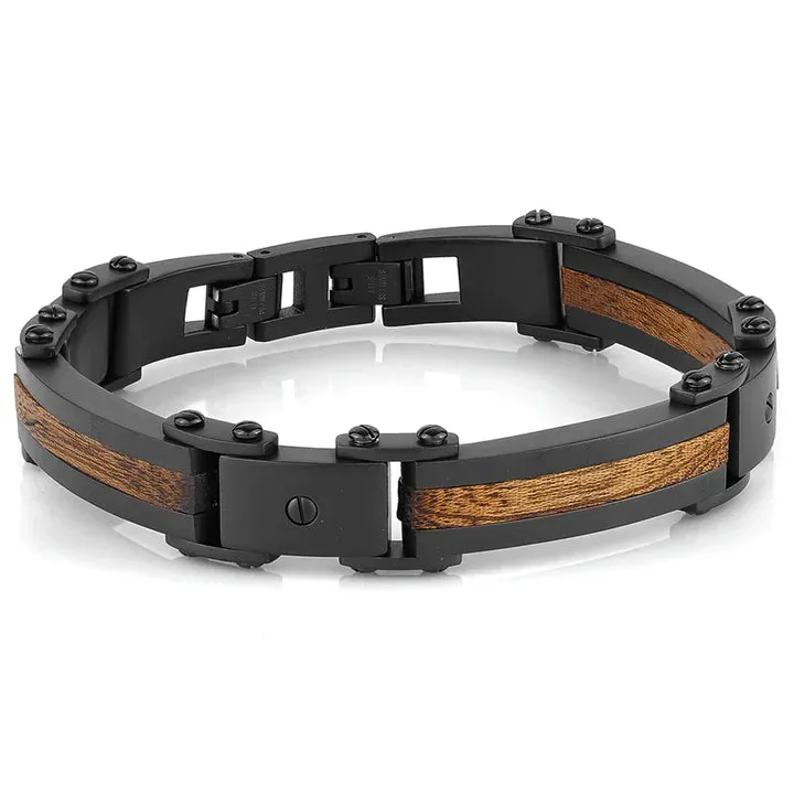 Wood Inlay Matte Finish Black Stainless Steel Bracelet | Italgem Steel